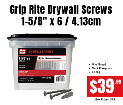 Available now! Grip Rite Drywall Screws 1-5/8" x 6 / 4.13cm Shop online or in-store at: 6030 50st NW...