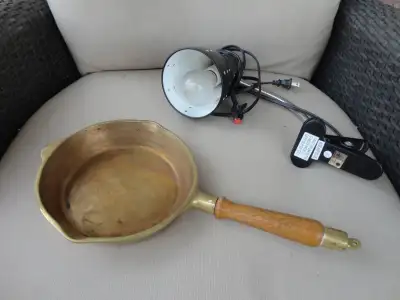 Selling a 7.5" Brass Wood Handled Frying Pan & Desk Clip Light, View more