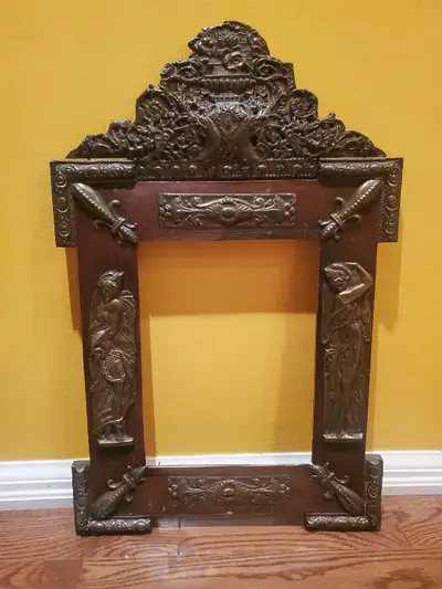 19th Century French Napoleon III Repousse Brass & Pine Mirror, View more