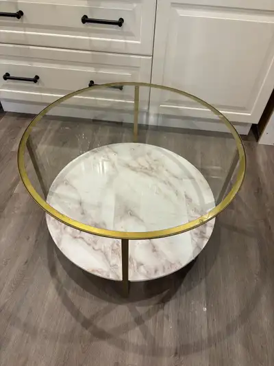 Round glass coffee table.. painted gold and faux marble on the bottom shelf. $20 obo