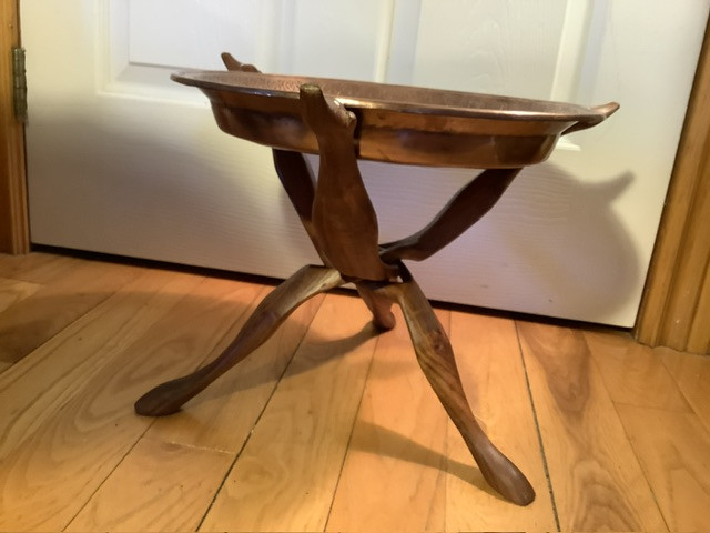 Vtg Indian Brass Plate/Bowl Intertwined Wood Tripod Stand  in Arts & Collectibles in Belleville