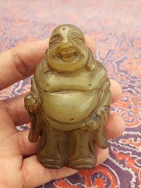 Antique Natural Old soft Yellow Jade. Hand carved laughing Buddh