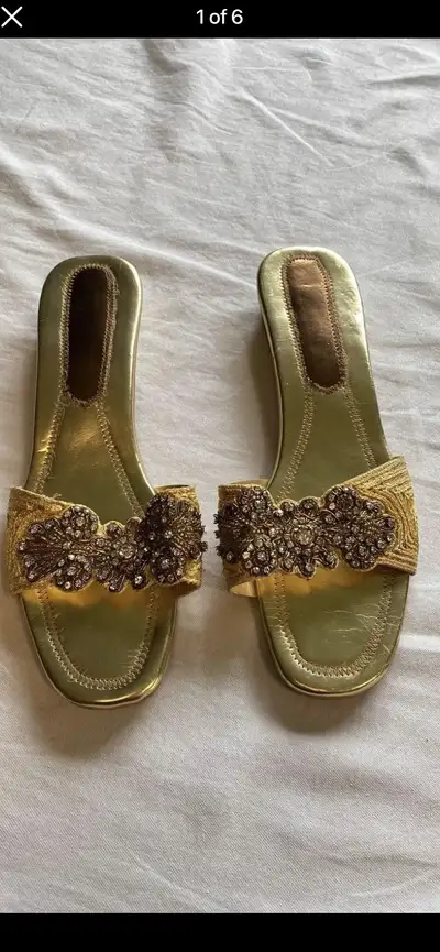 Golden Slip On Sandals With Small Heel And Rhinestones, View more