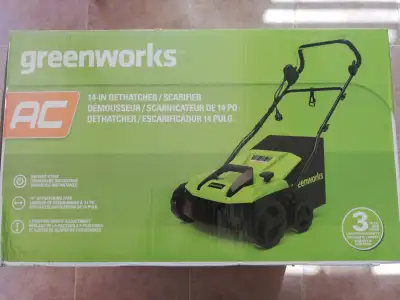 up for sale is brand new sealed Greenworks 13 Amp 14-Inch Corded Dethatcher/Scarifier, DT13B00 2-IN-...