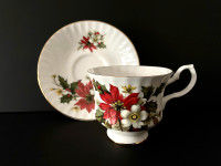 Vintage Fine Bone China Tea Cup and Saucer Blue Bird Poinsettia