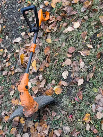 Plug in electric weed wacker. Height adjustable, but on shorter side. Approximate measurement in pho...