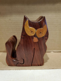 Carved Wooden Cat puzzle trinket box