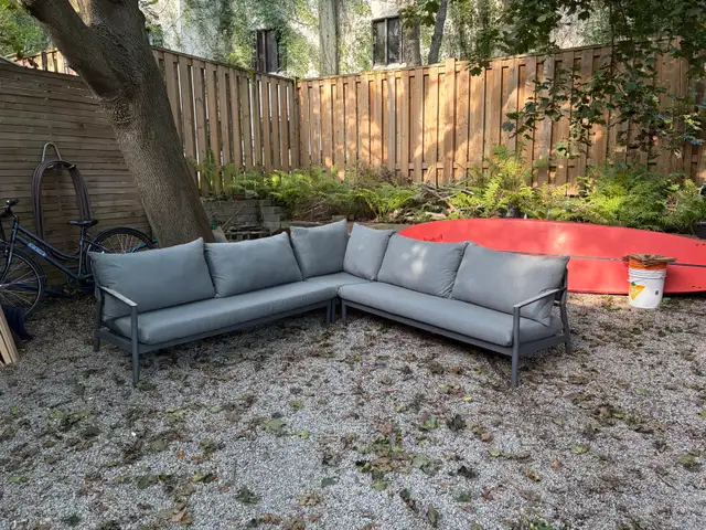Patio Sectional Sofa + Glass Coffee Table — Sunbrella & Teak