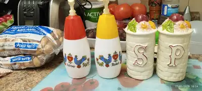 useful and very original ceramic containers for ketchup and mustard, and salt and pepper shakers.