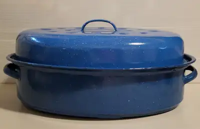 Vintage Rare Blue Granite Ware Enameled Roasting Pan and Lid, View more