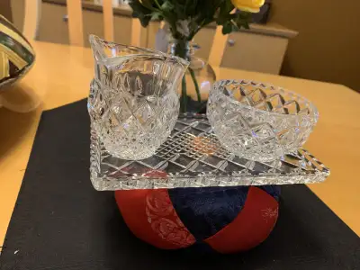 ELEGANT SET OF GLASS {CRISTAL?]  SUGAR and CREAMER  +TRAY, View more
