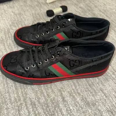 Brand New Gucci Tennis 1977 sneakers. Black GG monogram canvas with green and red web stripe. Red tr...