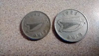Ireland Eire 3 Pence 1942 and 6 Pence 1959 Vintage Coins $10 Lot, View more