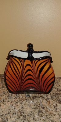 Vintage Art Glass Hand Blown Tiger Stripe Hand Bag Purse/Vase  