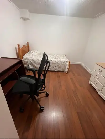 One large bedroom furnished with bed and computer desk is available in a two room furnished basement...