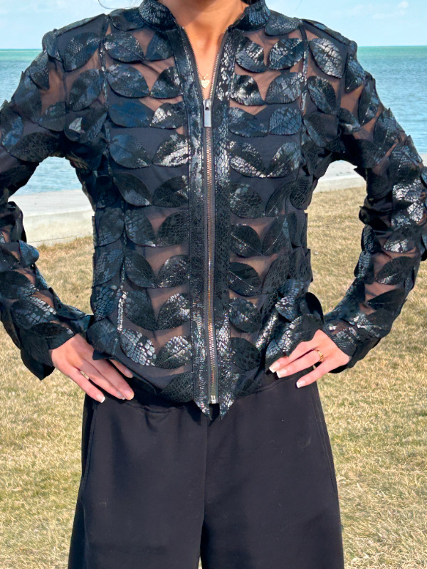 Joseph Ribkoff Black Leaf Evening Jacket Full Zip Size M in Women's - Tops & Outerwear in Windsor Region