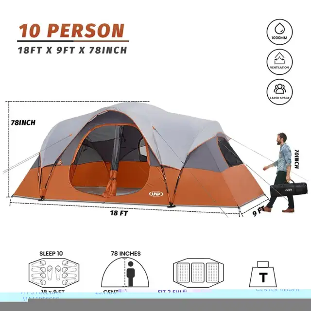 UNP Camping Tent 10-Person-Family Tent, Orange in Fishing, Camping & Outdoors in Markham / York Region - Image 3