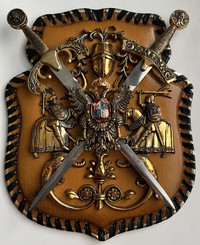 MEDIEVAL COAT OF ARMS SWORDS KNIGHTS LEATHER WALL HANGING - $35