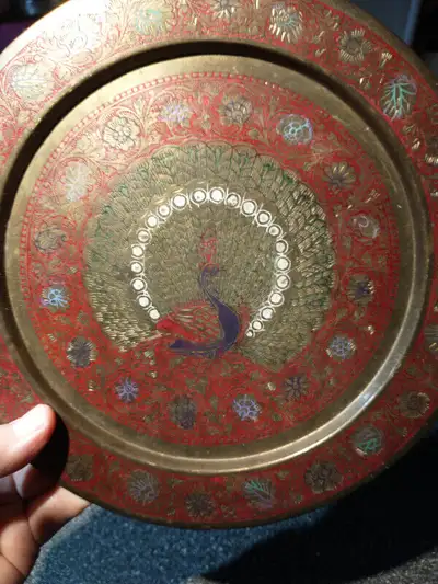 9.5" vintage brass decor plate- peacock themed., View more
