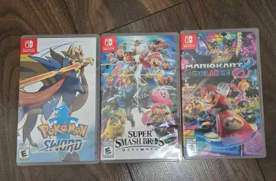 Nintendo switch games:Pokemon sword, super smash and Mario Kart, View more