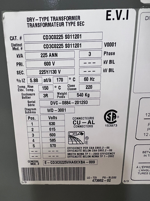 Transformateur électrique 225 kva 600 prim 225y/130v  sec dans Autres équipements commerciaux et industriels  à Laval/Rive Nord - Image 2