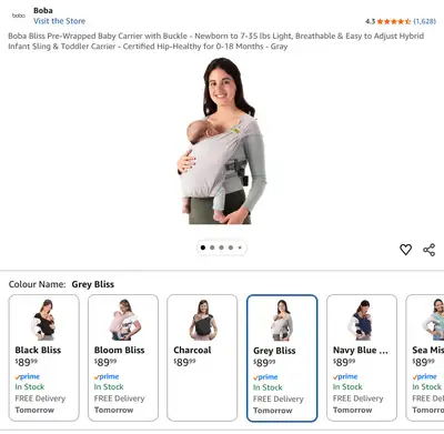 Baby Carrier with Buckle ~ Boba Grey Bliss, Newborn to 7-35lbs, View more