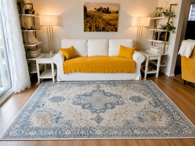 Antique Wash Medallion Area Rug in Ivory, Navy, and Sand in Rugs, Carpets & Runners in Ottawa - Image 3
