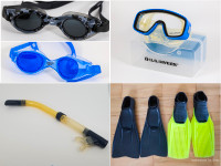 Swimming and Scuba Diving Gear. MASK, SNORKEL, FINS, GOGGLES