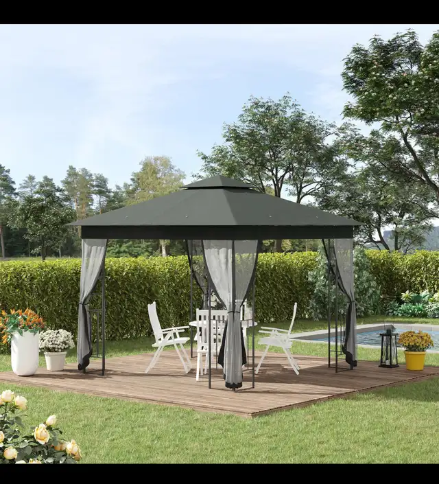 Outdoor Gazebo 10x10 | Brand New | Grey | Double Roof + Curtains in Patio & Garden Furniture in City of Toronto - Image 3