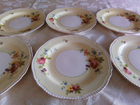 FINE PORCELAIN CHINA DINNER PLATES (6) YELLOW/ROSES, WOOD & SONS