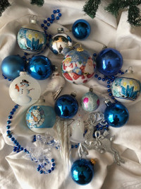 Vintage Blue Glass Christmas Ornaments + snowman + clip bird + m