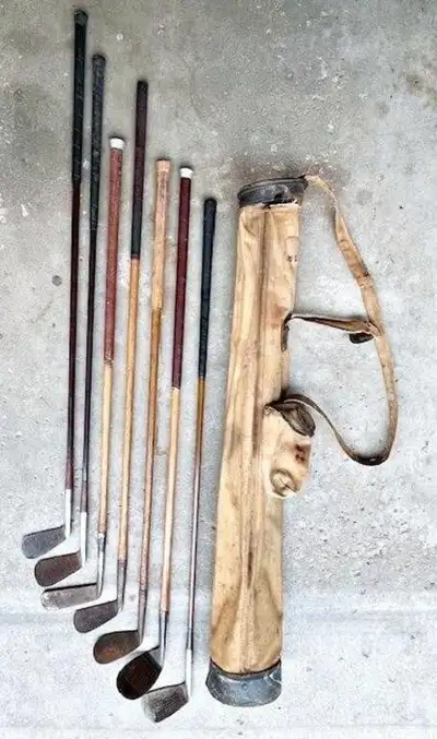 MORE ANTIQUE HICKORY GOLF CLUBS+ RARE JUST AS OLD GOLF BAG, View more