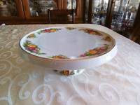 WHITE PORCELAIN CHINA PEDISTAL CAKE PLATE - COTTAGE ROSES - 11"