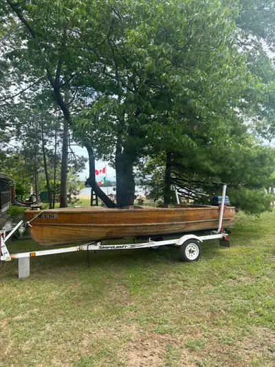 16’ Giesler “French River” cedar-strip runabout (estimated 1980’s era) with 30HP Evinrude two-stroke...