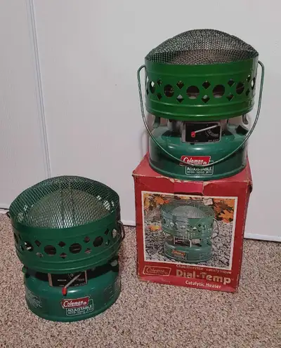 Coleman dial temp catalytic heaters. Asking $65 each or both for $110. Run on Coleman gas (white gas...