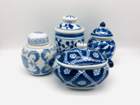 Lot of 4 Vintage ceramic Blue and White Ginger jars