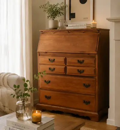 Meuble secrétaire vintage en bois au style classique champêtre, View more