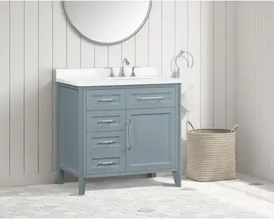 36” Freestanding bathroom vanity in Water Edge Blue painted finish Chrome hardware included White en...