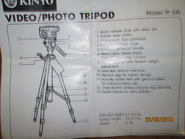 TRÉPIED PHOTO/VIDEO  *KINYO*   AVEC ÉTUI * TRIPOD* dans Appareils photo et caméras  à Trois-Rivières - Image 4