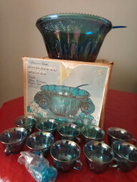 Iridescent Blue Carnival Glass Punch Set  (see 4 photos)