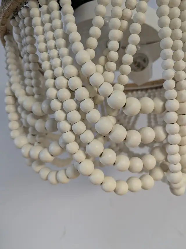 White Boho 3-Light Bead Chandelier - Wood Beaded Ceiling Fixture in Indoor Lighting & Fans in Mississauga / Peel Region - Image 6