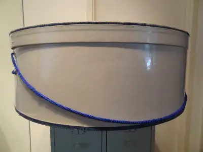 Vtg Hat Box 20" Glossy White w/Blue trim/handle - Holt Renfrew, View more