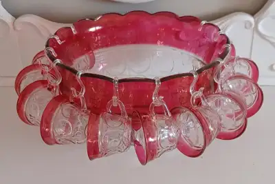 Vintage, Cranberry Glass Punch Bowl Set, View more
