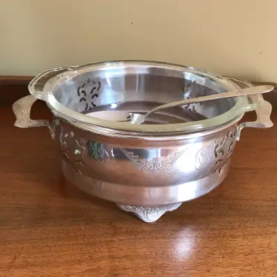 1940s Fire King Casserole Dish in Silver Plate Stand & Spoon, View more