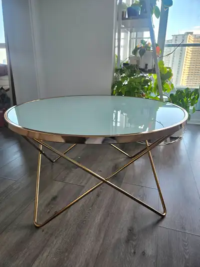 Round Gold and White Glass Coffee Table, View more