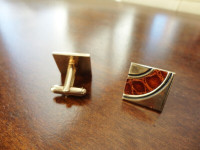 Pair of Square Gold Plate Cuff Links with Brown Inlay Stone