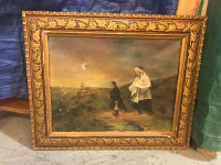 Peinture toile ancienne 1916 religieuse "Derniers rayons"