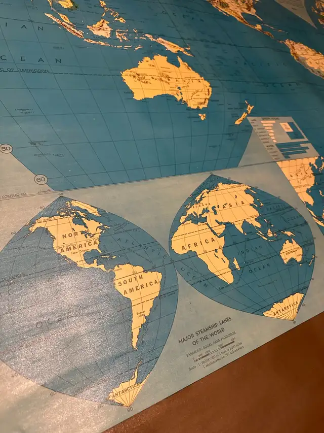 antique 60s WORLD MAP school classroom roll up poster63005666199041123