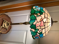 Tiffany Style Stained Glass Tri-Light  Lamp Brass 4 Footed Base