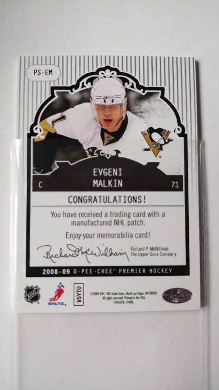 2008-09 O-PEE-CHEE PREMIER STITCHINGS PATCH EVGENI MALKIN 40/75 in Arts & Collectibles in St. Catharines - Image 3